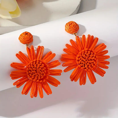 Hand-woven Raffia Sun Flower Dangle Earrings